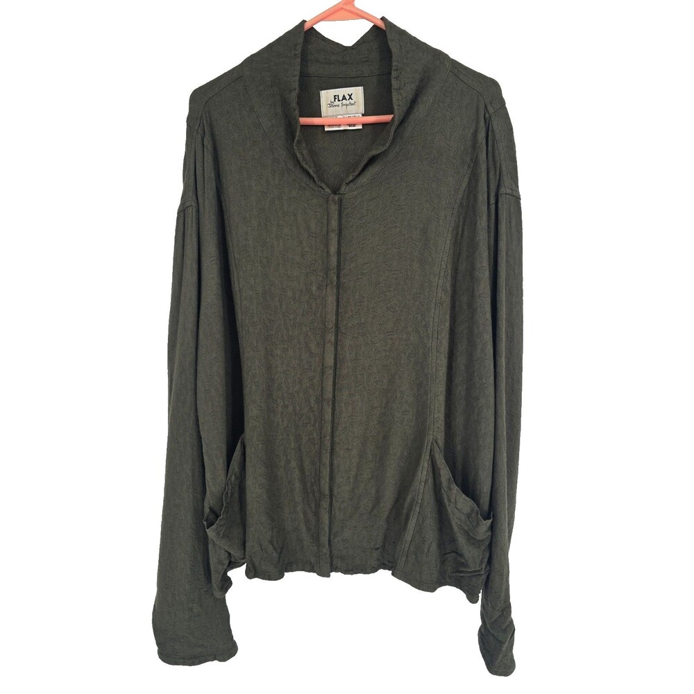 Flax Size Medium Womens Top Green Snap Up Lagenlook Pockets Shirt